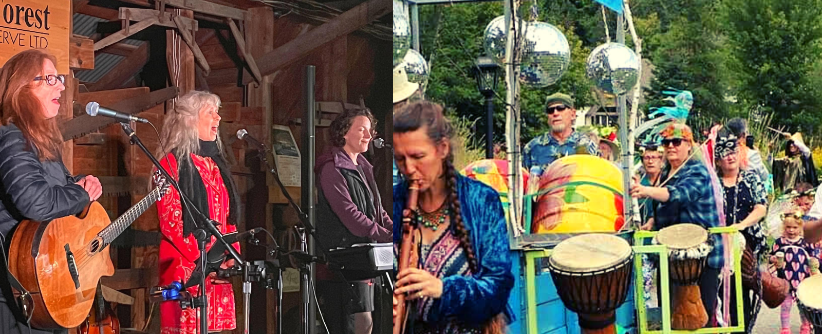 Parade of people carrying drums and dressed in a variety of bright, cheerful costumes on the right side of the picture. On the left side, three women singing at a concert, one with a guitar, one with a red outfit and the other with a keyboard.